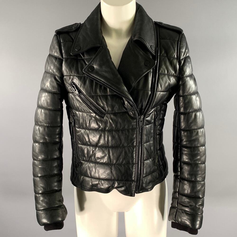 ALEXANDER WANG Size 8 Black Leather Quilted Puffer Moto Racer Jacket
